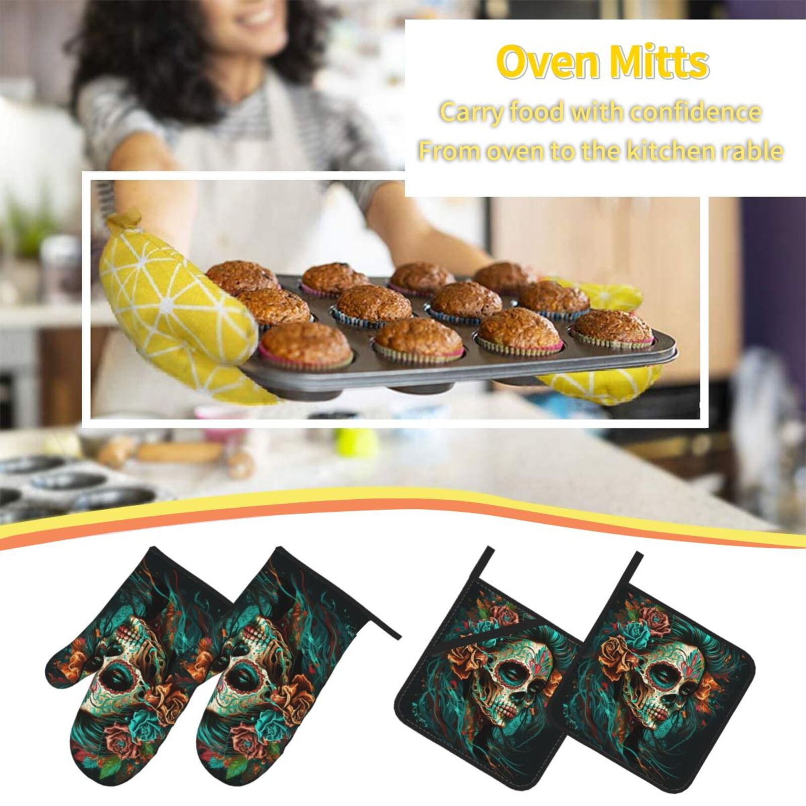 Sugar Skull Zombie Rose 4Pcs Oven Mitts and Pot Holders Sets Oven Kitchen Gloves Hot Pads for Cooking BBQ Baking Grilling