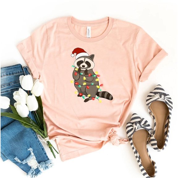 Racoon Christmas Lights T-shirt Shirt Lover Gift Funny Tee Holiday Top Merry Cute Animal Lighting Xmas