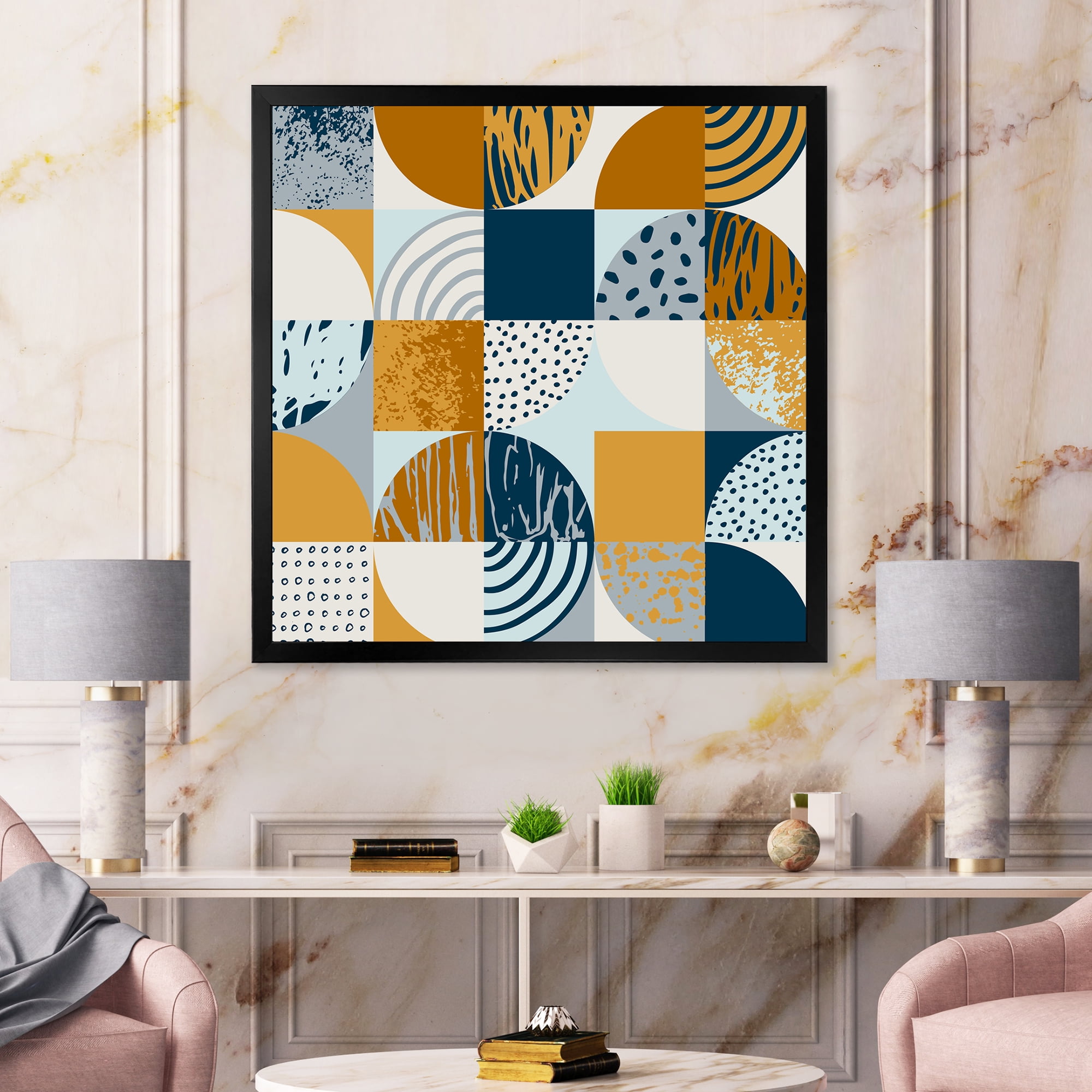 Designart 'Retro Semicircles Squares and Circles' Modern Framed Art Print
