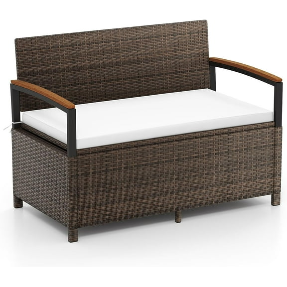 QISHENSHUI 46 Gallon Outdoor Bench with Storage, Outdoor PE Rattan Storage Bench with Cushion, Backrest & Acacia Wood Armrests, Metal Frame, Waterproof Deck Box Seat for Porch Backyard Poolside