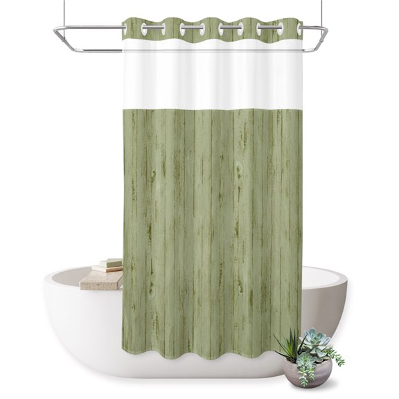 No Hook Shower Curtain, Sage Green Shower Curtains for Bathroom with See Through Top Window, Farmhouse Vintage Shabby Wooden Grain Waterproof & Washable Bath Curtain Small Stall 36"x78"