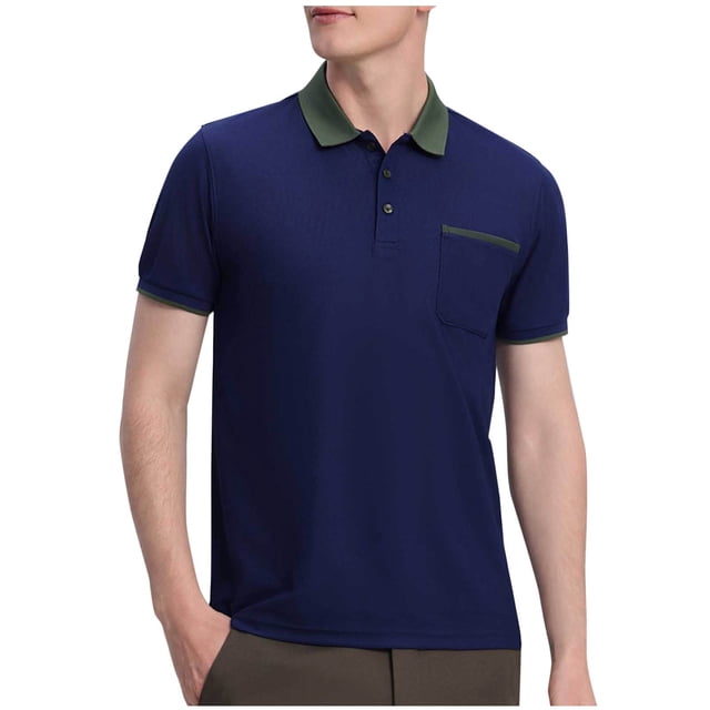 Mens Casual Manga Corta Botón Abajo Camisas de Color Sólido Bolsillo Turndown Cuello Blusa Camisa, Poliéster