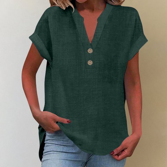 T Shirts for Women V Neck Ladies' Fashion Casual V Neck Button Short Sleeve T Shirt