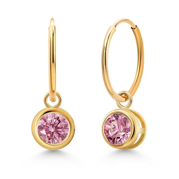 Gem Stone King 14K Yellow Gold Pink Lab Grown Diamond Dangle Earrings for Women (1.00 Cttw, Gemstone April Birthstone, Round 5MM, Bezel Setting)