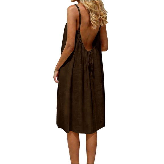 Atogsazn Dress for Women Summer Casual Boho Camisole Baggy Maxi Dress Backless Spaghetti Sundress Outfit Coffee XL Fashion