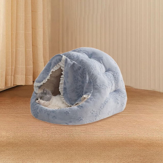 Cama para gatos con capucha, cama para gatos cubierta tipo cueva, cómoda y autocalentable, nido para gatos, cueva de felpa con capucha para conejos de azul