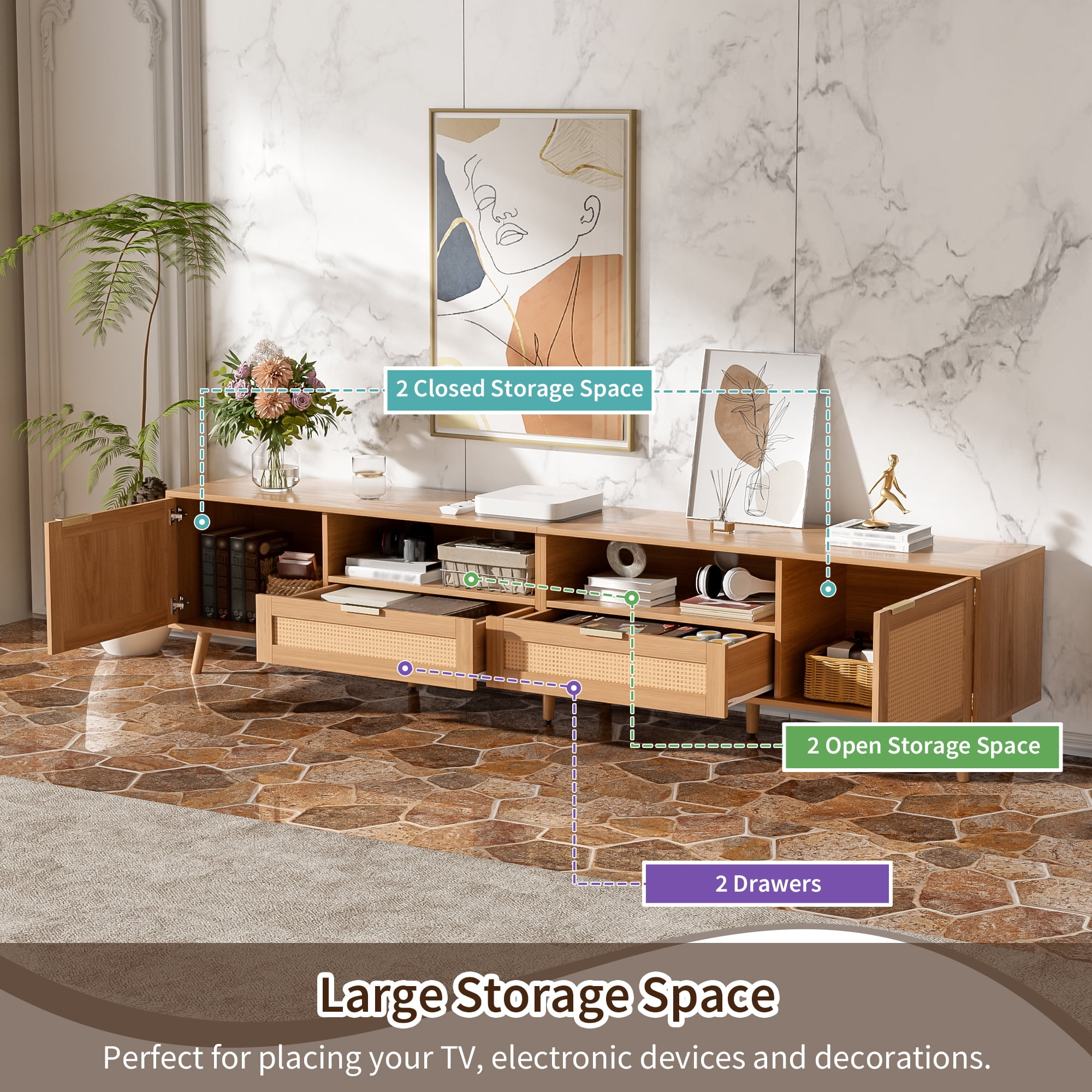 Euroco Rattan TV Stand for TVs up to 90'', Modern Farmhouse Media Console, Entertainment Center with Solid Wood Legs, TV Cabinet for Living Room, Bedroom