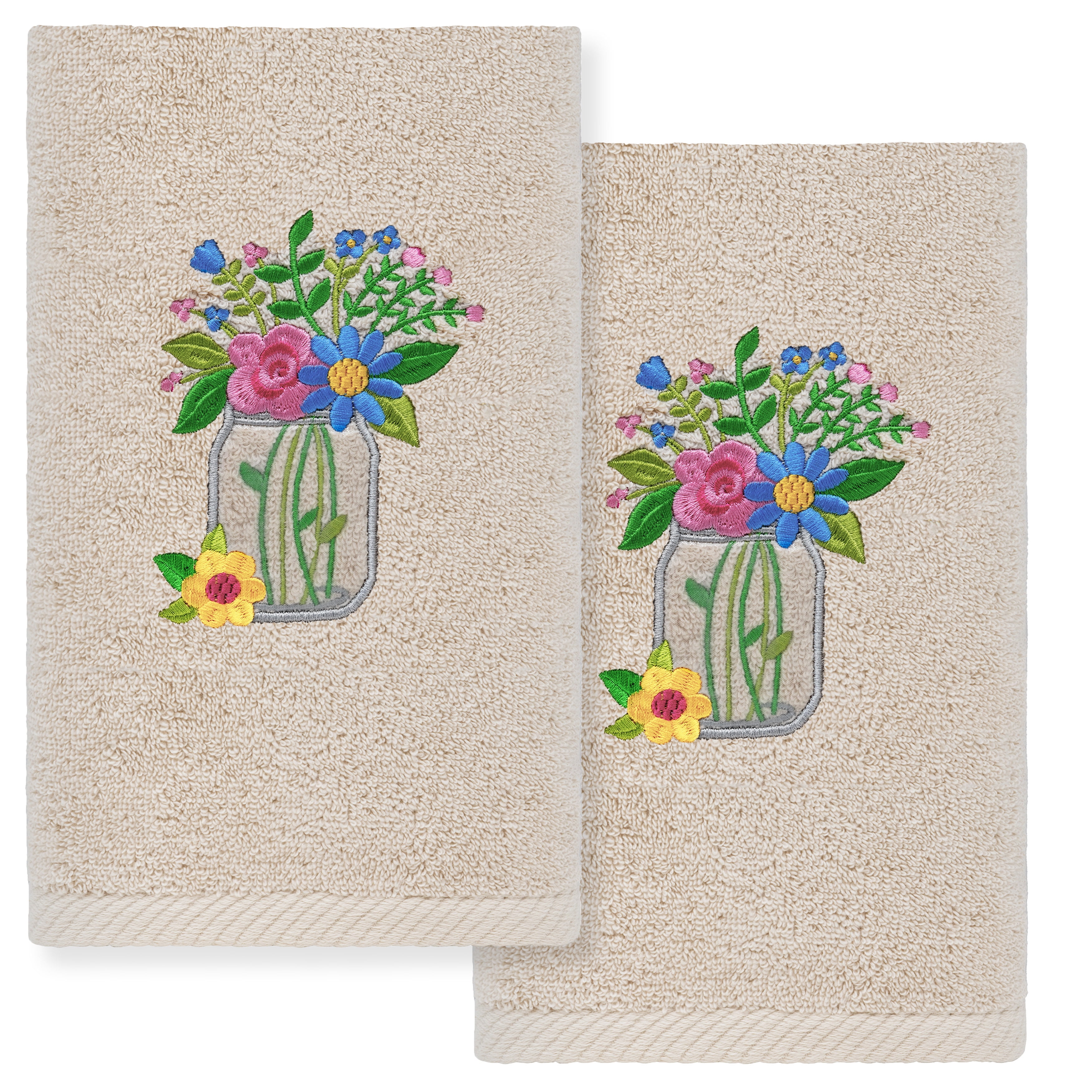 Linum Home Textiles Country Bouquet - Embroidered Luxury 100% Turkish Cotton Hand Towels (Set of 2)