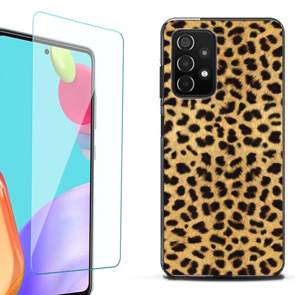 Slim-Fit Flexible TPU Gel Phone Case (black) for Samsung Galaxy A52 5G, with Tempered Glass Screen Protector, by OneToughShield ® - Cheetah Gold/Black