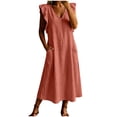 thumbnail image 5 of Karymi Spring Dresses for Women Fake Cotton Linen Sleeveless Maxi Dress, V-Neck Ruffle Strap Loose A-Line Swing Dress with Pockets, Casual Solid Flowy Dress Wedding Guest Dresses for Women, 5 of 6