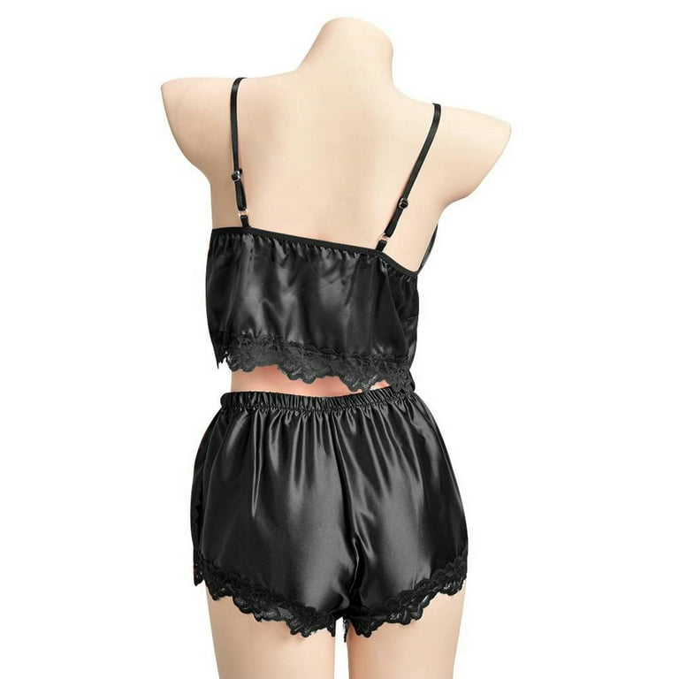 Cilcicy Women Stain Silk Sexy Crop Top Sling Nighty Suit 2Piece Lace Pajamas Set