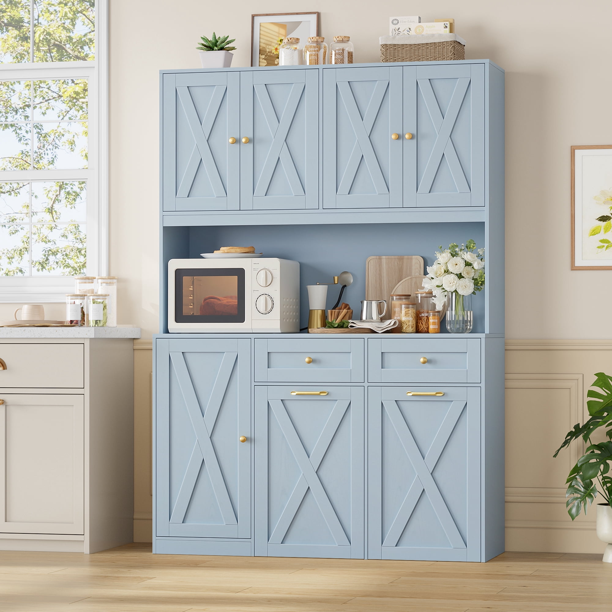 Homfa Kitchen Pantry Cabinet, Trash Can Cabinets Fits 12.5 Gallon Can, 5 Door 2 Drawer Kitchen Storage Cabinet with Hutch, Freestanding Cupboard, Blue