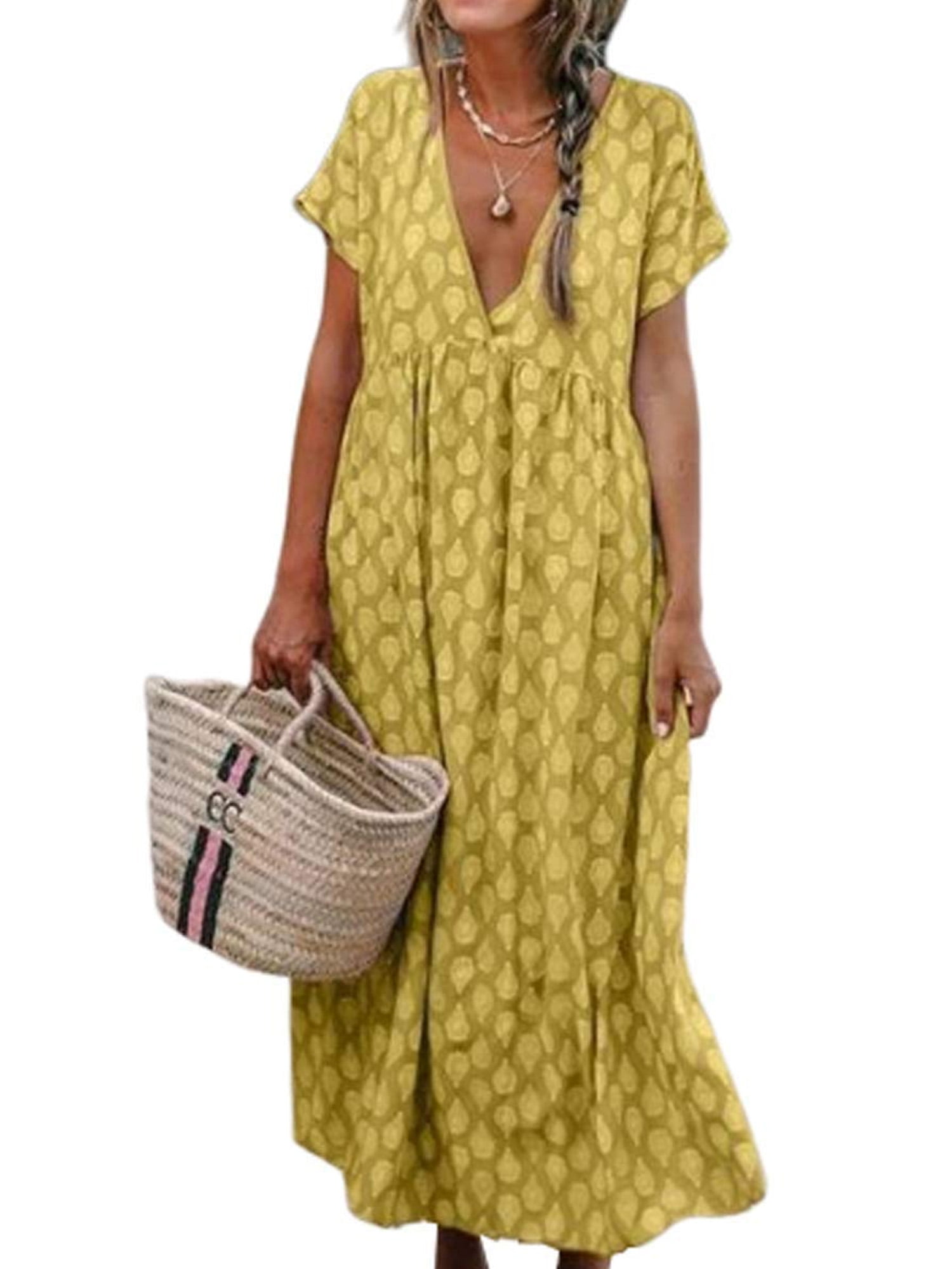 Women Summer Retro Pleated Chiffon Loose Casual Maxi Sundress Beach Shirt Dress