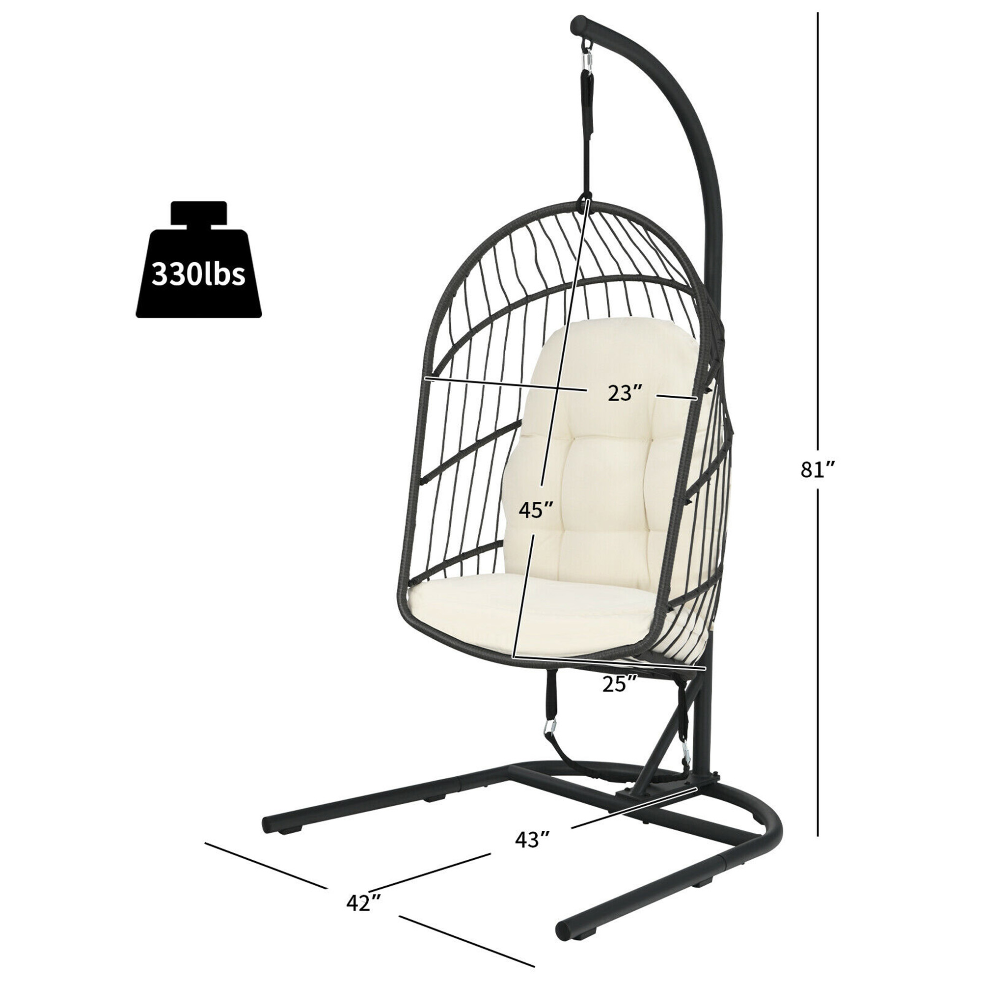 Gymax Hanging Hammock Patio Rattan Swing Egg Chair w/ Stand & Beige Cushions