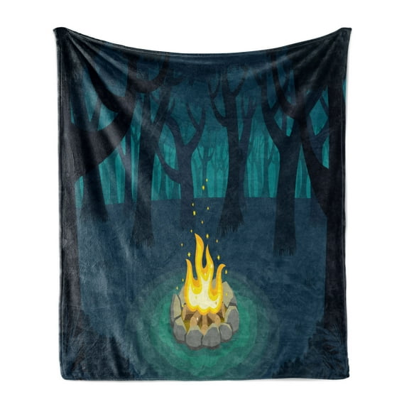 Happy Camper Soft Flannel Fleece Throw Blanket, Cartoon Illustration of Lonely Camp in Woods at Night, Cozy Plush for Indoor and Outdoor Use, 50" x 70", Dark Violet Blue Teal, by Ambesonne