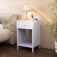 thumbnail image 3 of Cute Minimalist Nightstand with Drawer and Open Shelf, Scalloped Edge Bedside Table for Bedroom, Light Purple MDF Side Table for Room or Room, 16.93L x 14.96W x 26.77H, 3 of 21