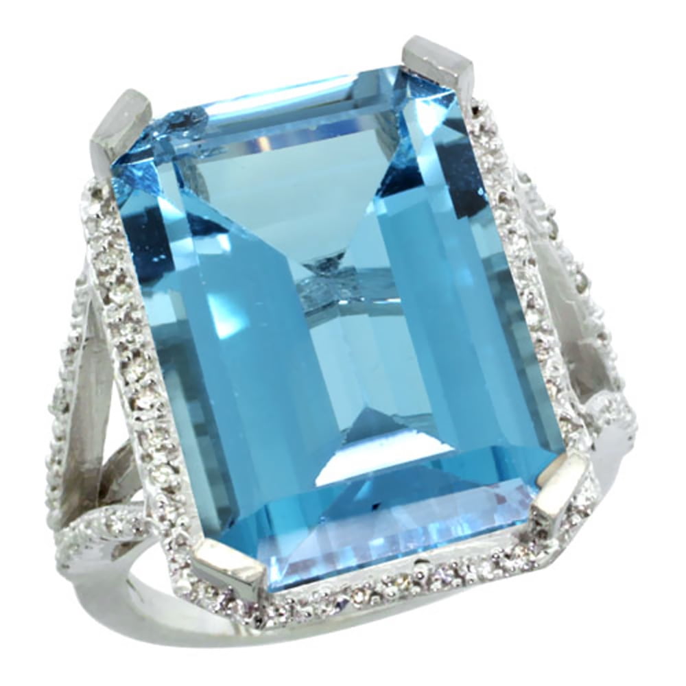 10K White Gold Diamond Natural London Blue Topaz Ring Emerald-cut 18x13mm, size 5 by Gabriella Gold