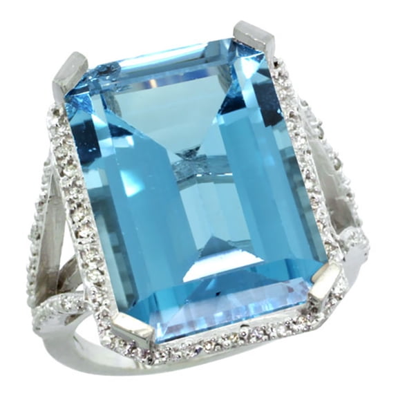 14K White Gold Diamond Natural London Blue Topaz Ring Emerald-cut 18x13mm, size 7