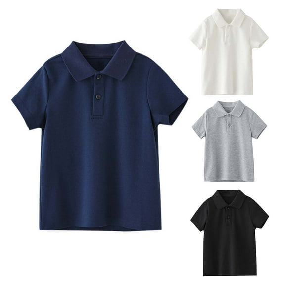 Eltusu Boys Cotton Polo Shirts, Short Sleeve Lapel Collar Solid Color Pullover School Uniform Shirts Black Size 1-15 T