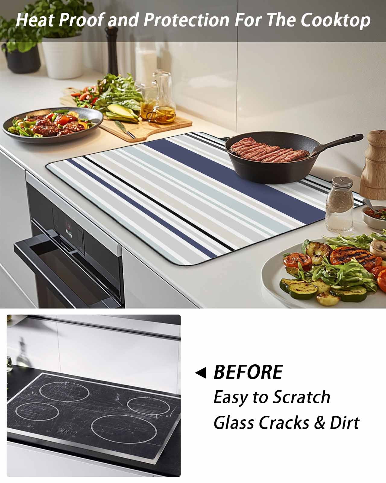 Stove Top Covers for Electric Stove, Blue Black Grey Striped Glass Stovetop Cover Protector, Farmhouse Stripes Induction Cooktop Protector Oven Mat for Kitchen Countertop 24"x21"