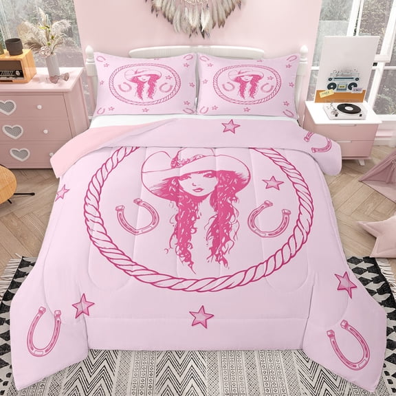 jejeloiu Chic Western Cowgirl Twin Comforter Sets,Pink Horseshoe Stars Bedding Set For Girls Kids Reversible 2pcs
