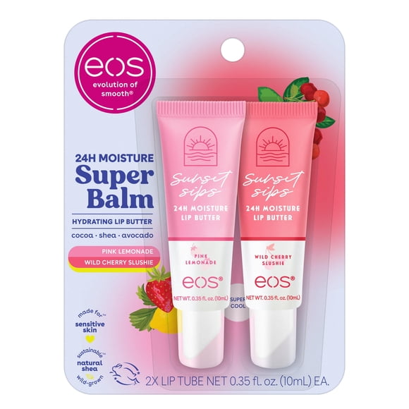 Máscara labial eos 24H Moisture Super Balm, limonada rosa y granizado de cereza silvestre, 10 ml, paquete de 2