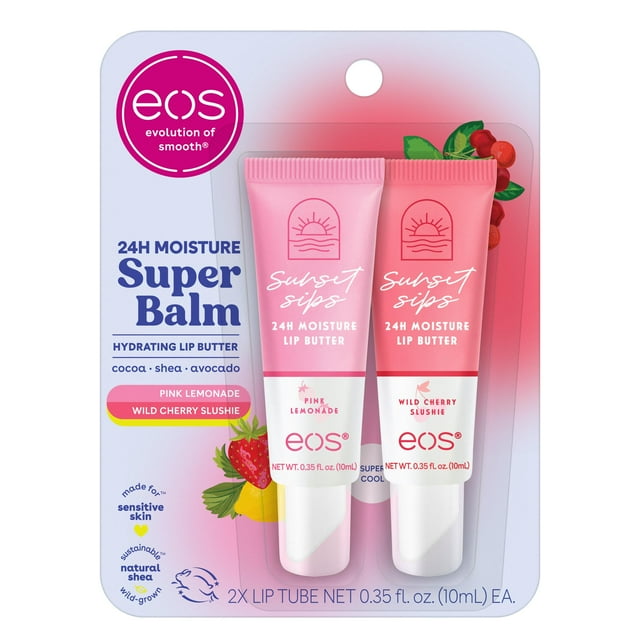 Máscara labial eos 24H Moisture Super Balm, limonada rosa y granizado de cereza silvestre, 10 ml, paquete de 2