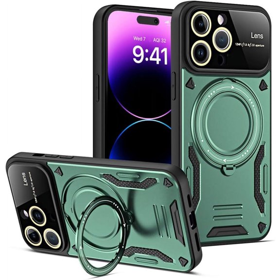 for iPhone 15 Pro Max Case 6.7" 2023 with 360° Rotatable Invisible Ring Stand, Large Window Design Compatible with Magsafe, -Grade Protection Shockproof Phone Cover for Women Men, Green