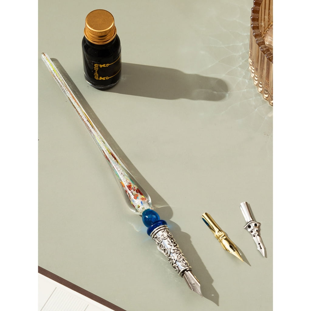 Vintage Dip Pens Antique Glass Dip Pen Set with 2 Replacement Pen Nib, 10ml Ink