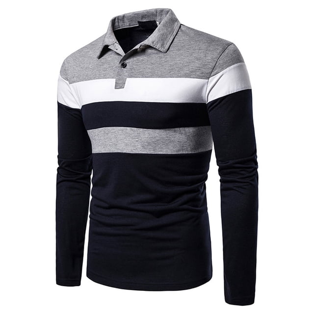 Yuyuzo Mens Long Sleeve Shirts Lapel Collar Button V Neck Striped Color Block Slim Fitted Tunic Tops