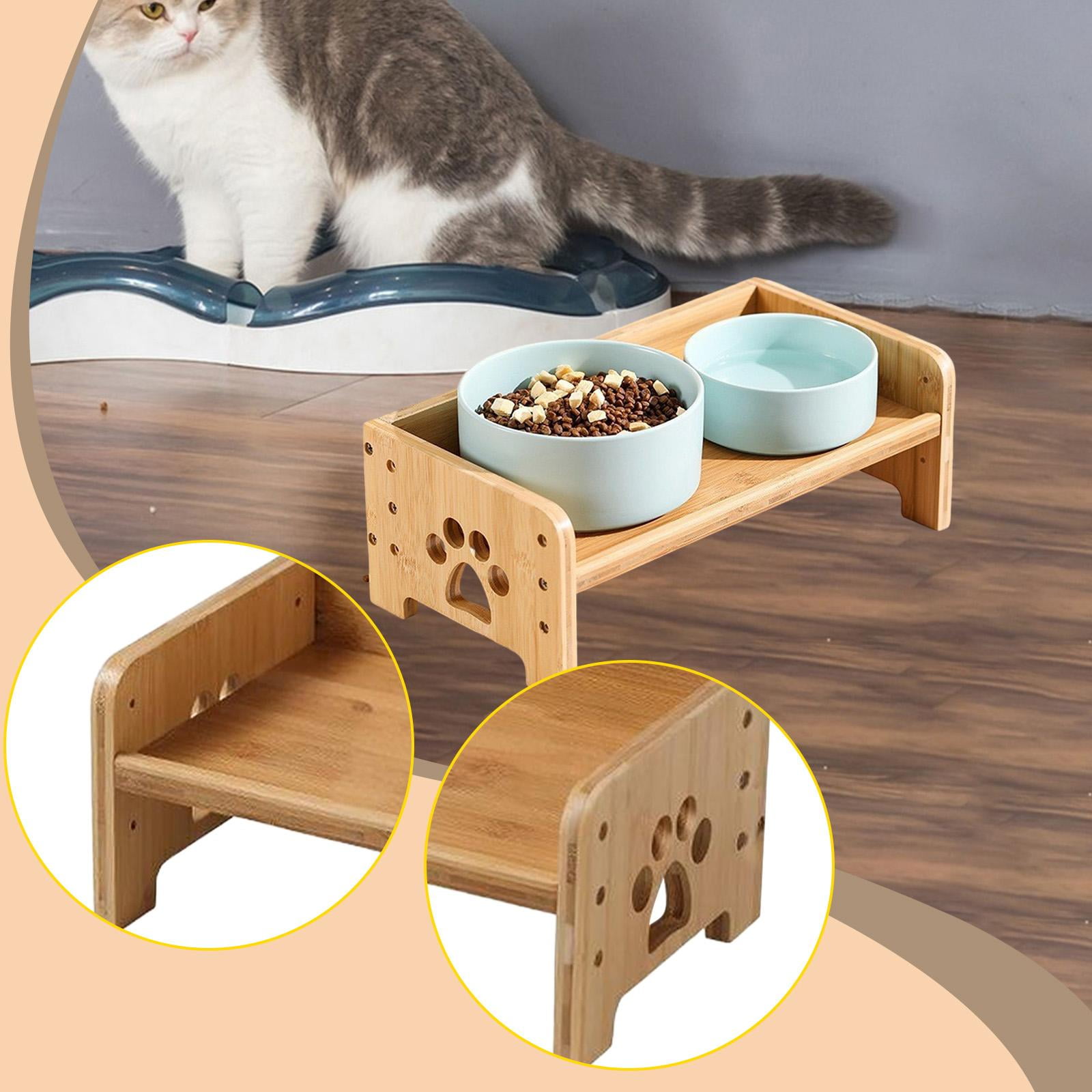 Fzaqwen Dog Bowl Stand,Dog Feeding Station,Elevated for Small Medium Large Dogs for 2 Bowls Bamboo Pet Cat Food Table Pet Bowl Holder S