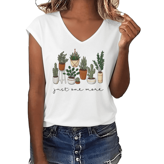UNISHE Women's Just One More Potted Plants Graphic V-Neck Short Sleeve T-Shirt Funny Plant Lover Tee