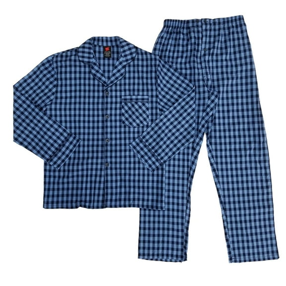 Hanes Mens 2 Piece Navy/Sky Blue Plaid Woven Sleepwear Pajama Set Sleep Set S