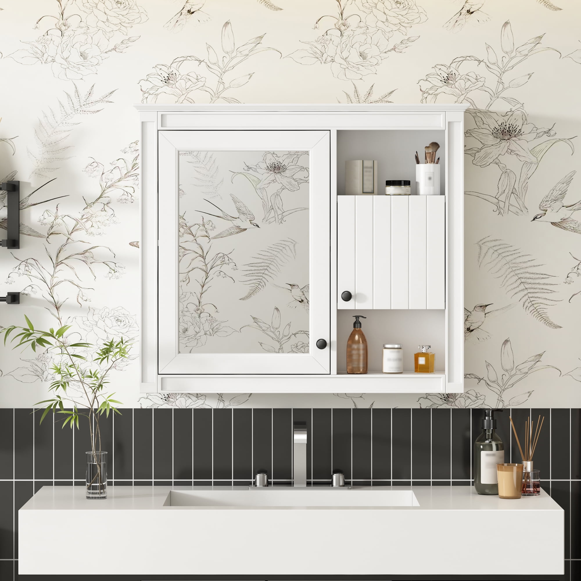 MAYEERTY 32'' White Bathroom Wall Cabinet with Mirror, Wall Mounted Medicine Cabinet – 3 Shelves, Over Toilet Storage