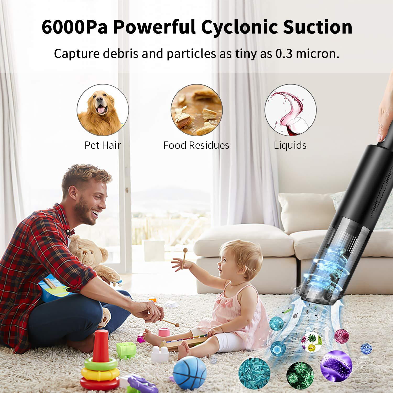 Queta Handheld Vacuums Cordless 6000Pa Powerful Portable Handheld Vacuum Cleaner with 2000 mAh Battery USB Rechargeable Car Handheld hoover Lightweight Wet Dry Vacuum for Home Car and Pet 