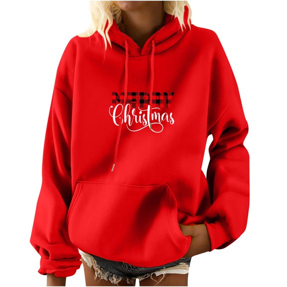 IROINNID Women's Long Sleeve Hoodie Mid-Length Letter Print Comfy Pullover Sweatshirts with Pocket, Red