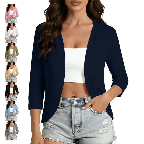 TGSLY Women's 3/4 Sleeve Bolero Shrug Cardigan Dressy Casual V Neck Collarless Open Front Knit Cropped Tops Slim Fit Solid Color Blouses S