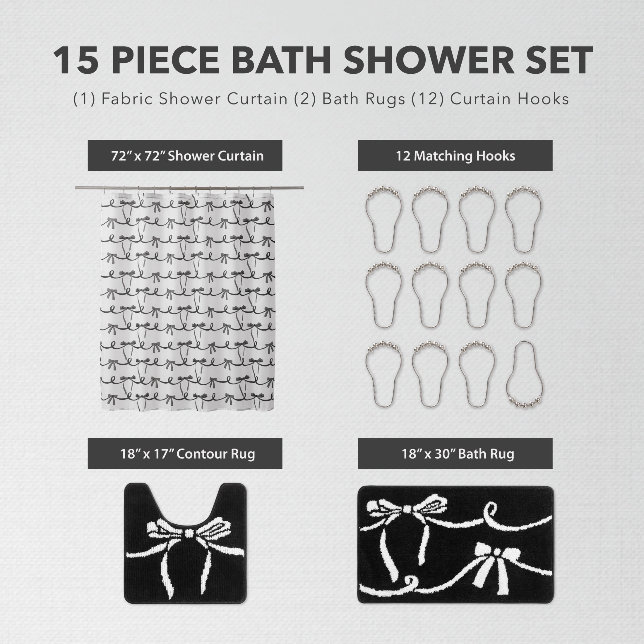 CHI Bows In A Stripe Shower Curtain with Hooks and Rugs Modern Washable 72" W x 72" L 15-Piece Set