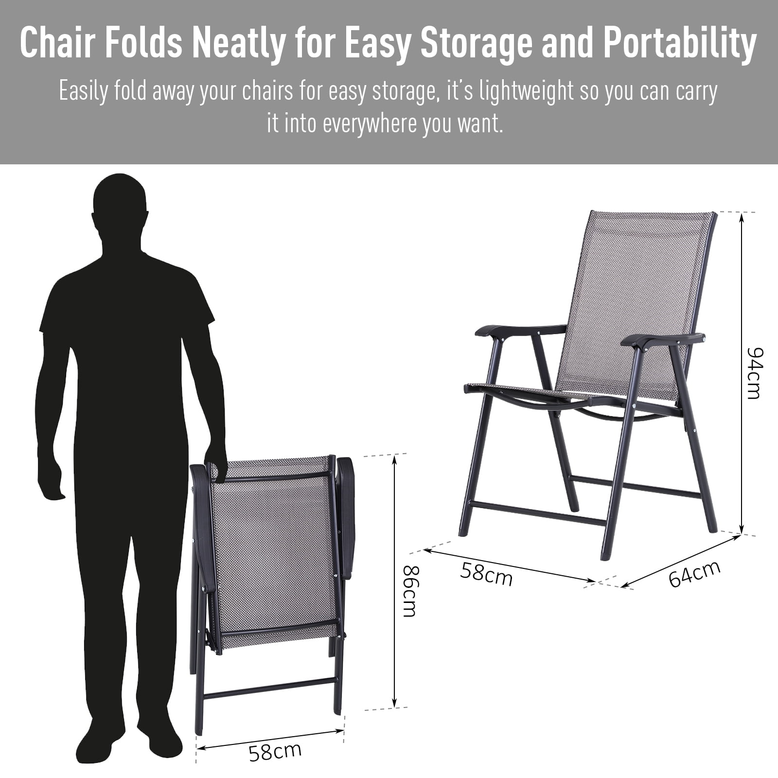 Set of 2 Patio Folding Chairs, Stackable Outdoor Sling Patio Dining Chairs with Armrests for Lawn, Camping, Dining, Beach, Metal Frame, No Assembly, Gray
