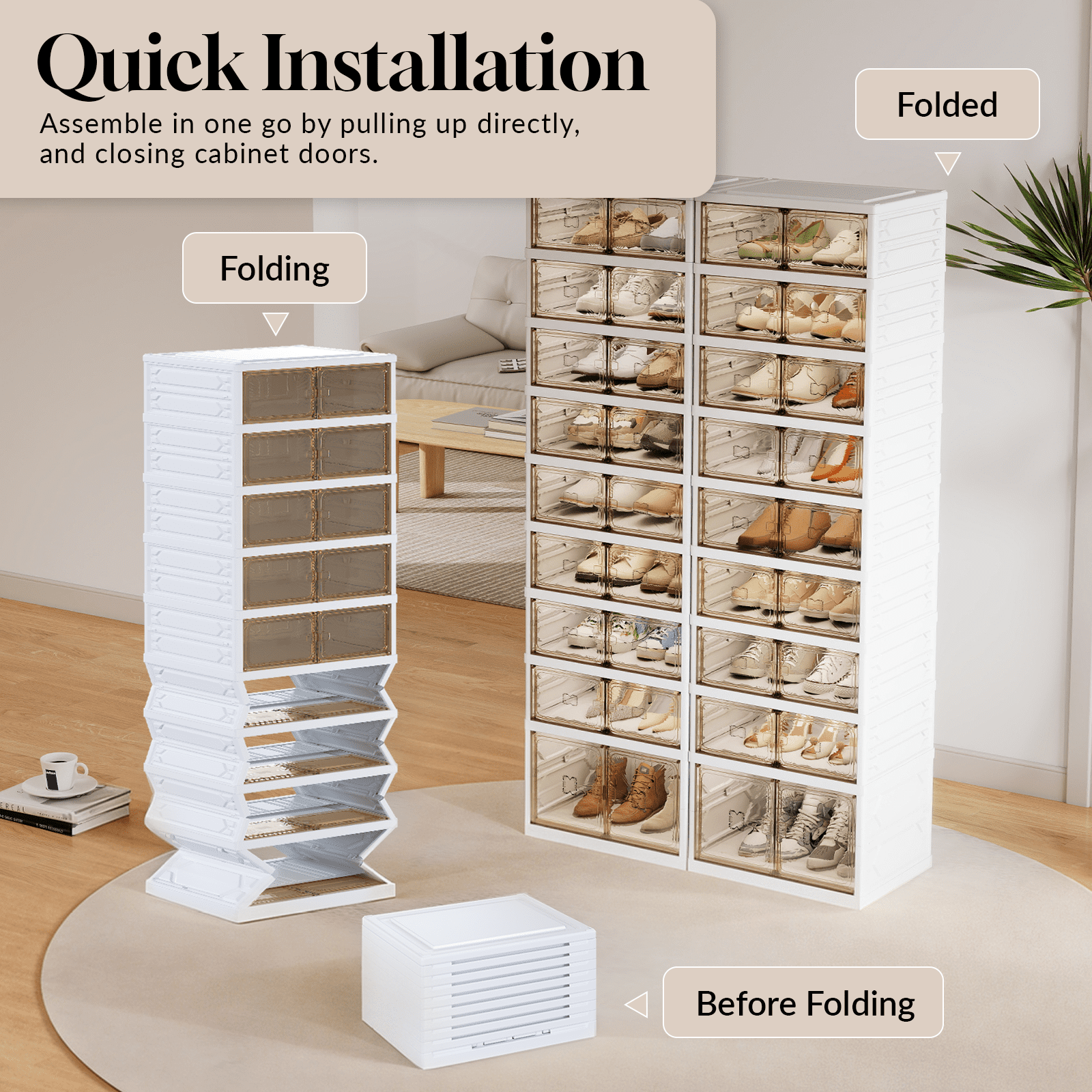 Bezliving 9-Tier Foldable Shoe Rack Organizer, 36 Pairs Stackable & Collapsible Shoe Cabinet with Transparent Doors & Leather Handles, Space-Saving Storage for Entryway, Closet, Kitchen, White