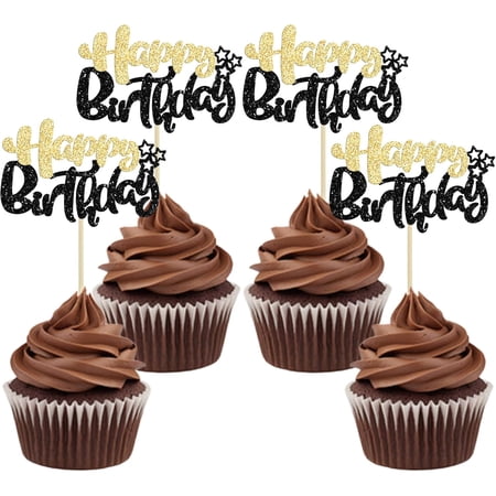 12Pcs Black & Gold Glitter "Happy Birthday" Cupcake Toppers with Stars, Birthday Party Cake Decorations