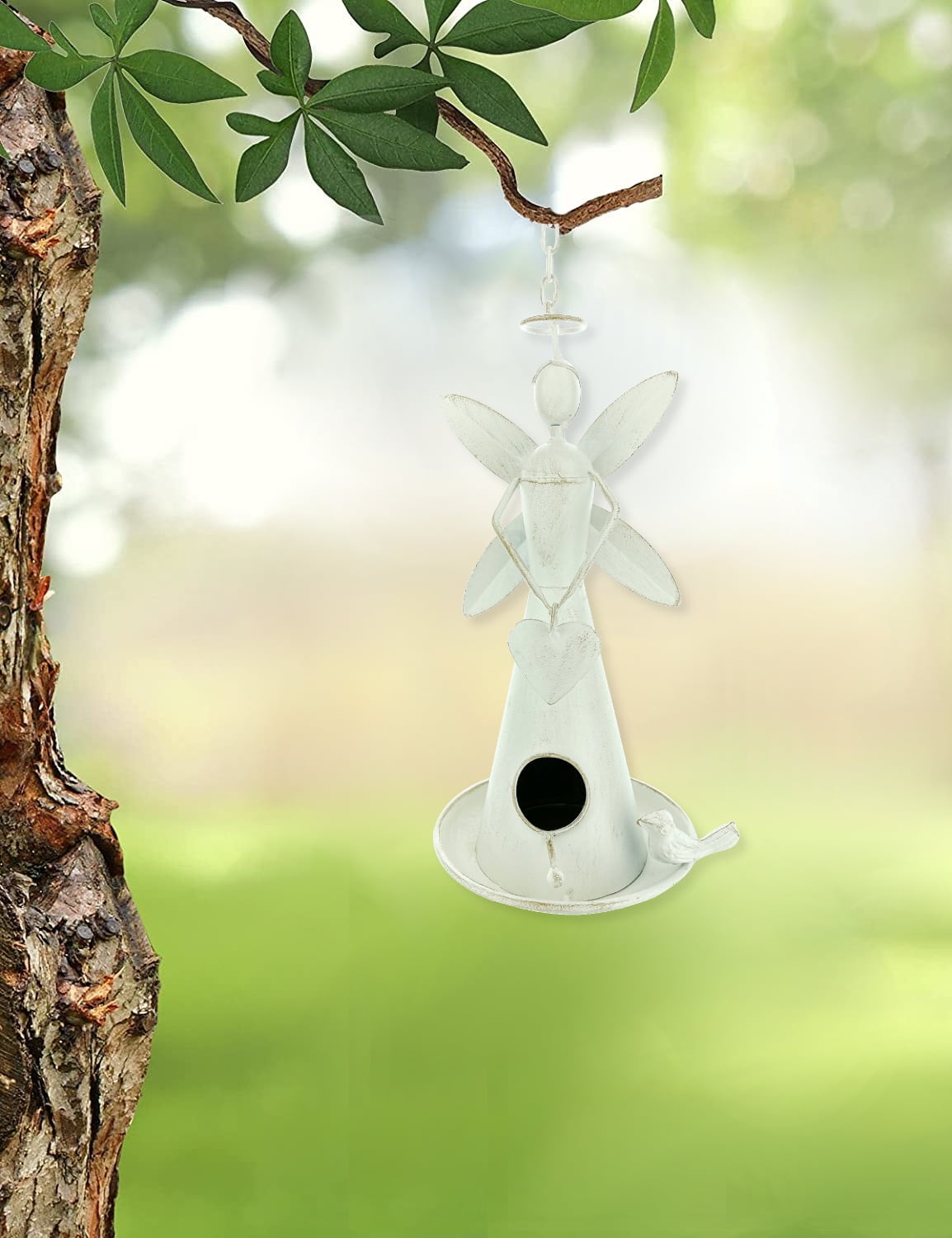 Angel Bird Feeder - Hanging White Angelic Metal Sculpture Indoor Outdoor Garden 12" Décor