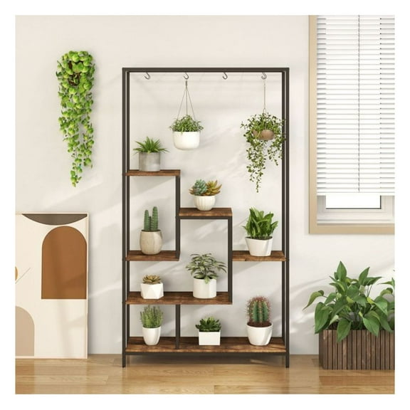6-Tier Plant Stand 71" Tall Metal Indoor Plant Shelf with 10 Hooks, Rustic Brown, Space Saving Flower Pot Rack for Living Room, Bedroom, Balcony, Display Rack