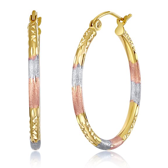 Wellingsale Ladies 14k Tri 3 Color Gold Polished Diamond Cut 2mm Tube Hoop Earrings (25 x 25 mm)