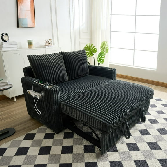 53" Cushioned Recliner Sofa Bed with Charging Station and 2 Cup Holders, Corduroy Pull-out Sofa with Side Pockers, Recliner Backrest with 5-position Adjustment for Living Room, Bedroom, Office, Grey