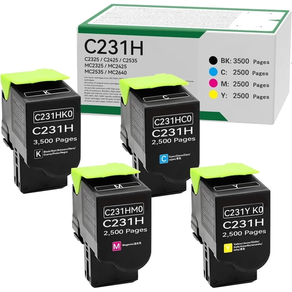 C231HK0 C231HC0 C231HM0 C231HY0 High Yield Toner Cartridge Replacement Compatible Lexmark for C2325 C2425 C2535 MC2325 MC2425 MC2535 MC2640 Printer (Black 3500 Pages,Colour 2500 Pages)