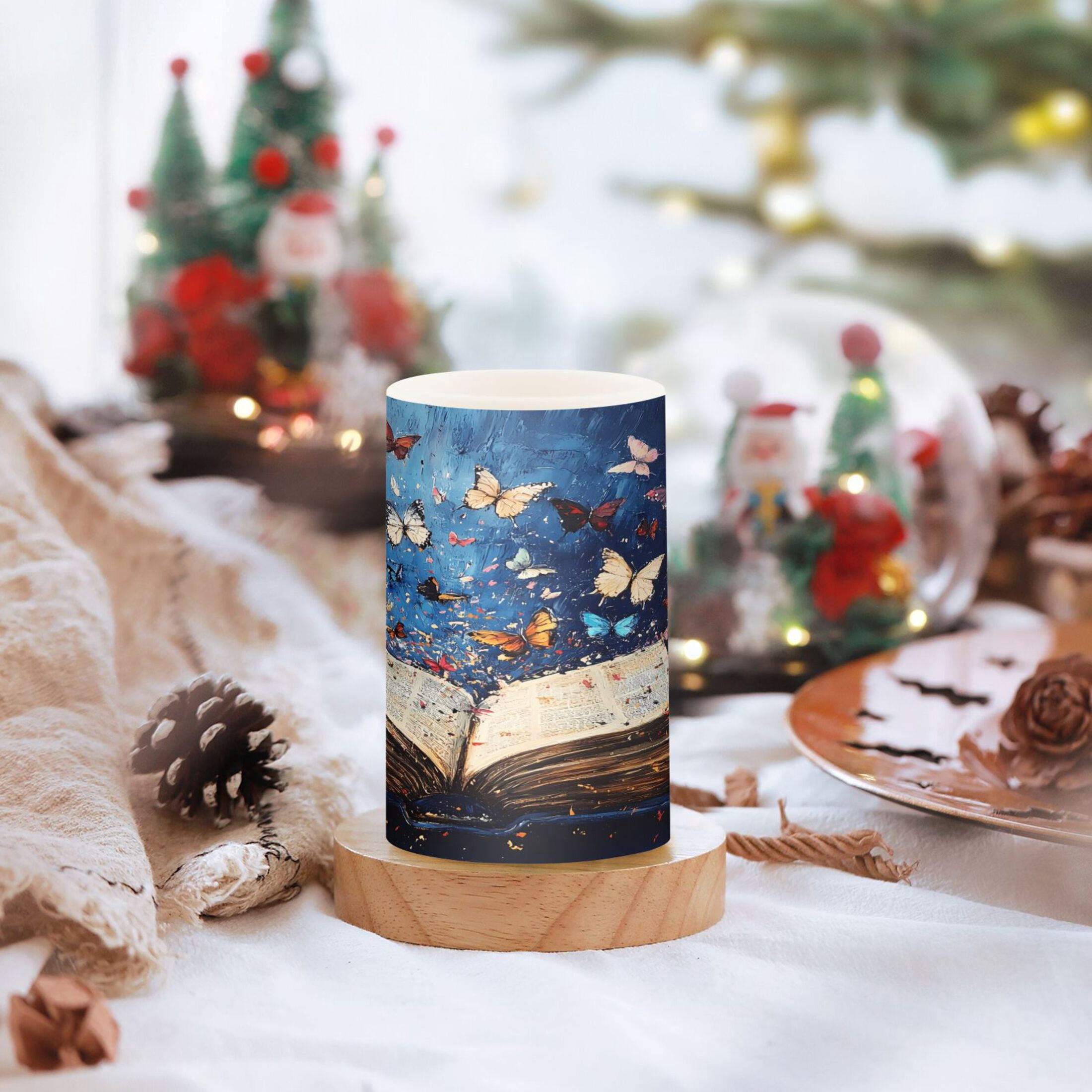 Flickering Flameless LED Candles set of 2 Battery Operated 18-Key Remotes Timer Halloween Fall Decor Colorful Butterflies Fly on Book D3''xH4''5''
