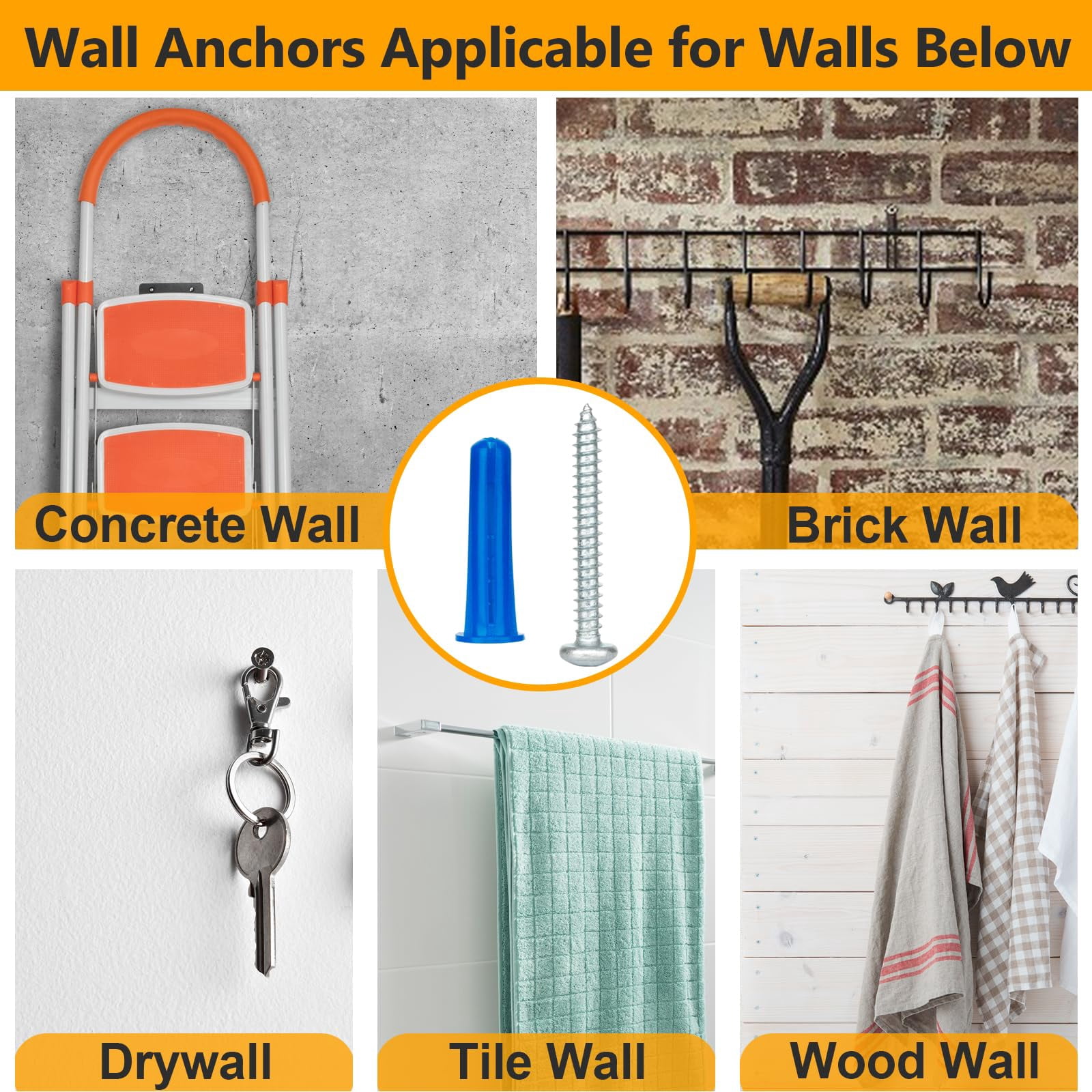Drywall Anchors Assortment Kit for Sheetrock Concrete Brick, 350Pcs Wall Anchors and Flat Head Screws, 5 Sizes Picture Hanging Set for Bedroom/Office Wall Art Decor, House Warming Gifts New Home