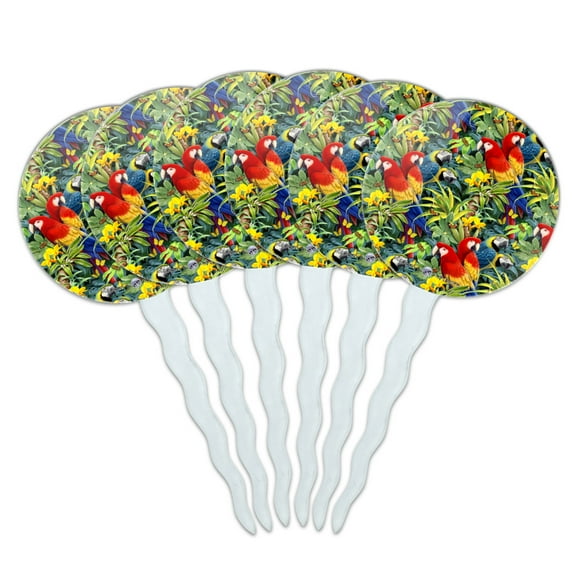 Majestic Macaws Colorful Rainforest Pattern Cupcake Picks Toppers Decoration Set of 6