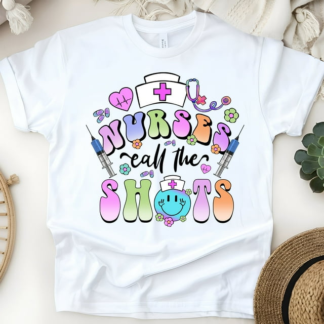 Nurses Call The Shots T-Shirt | Funny Nurse Graphic Tee with Syringe Design, White, Size L